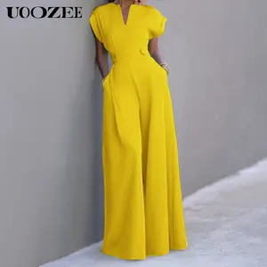 UOOZEE Women's Green Cap Sleeve Wide Leg Jumpsuit - Fitted Polyester Overall with V-Neckline - Chic & Elegant Style (the size is one size smaller,it is recommended to order a size larger) Elegant Shortsleeve, Minimalist, Elegance,summervibes