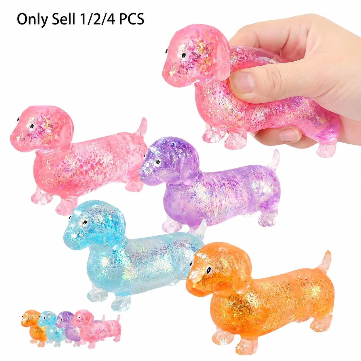 1/2/4 PCS Upgraded Sparkly Mini Dachshund Sausage Dog Stretch Stress Ball, Anxiety Stress Relief Squishies for Kids & Adults, Glittery Squishies