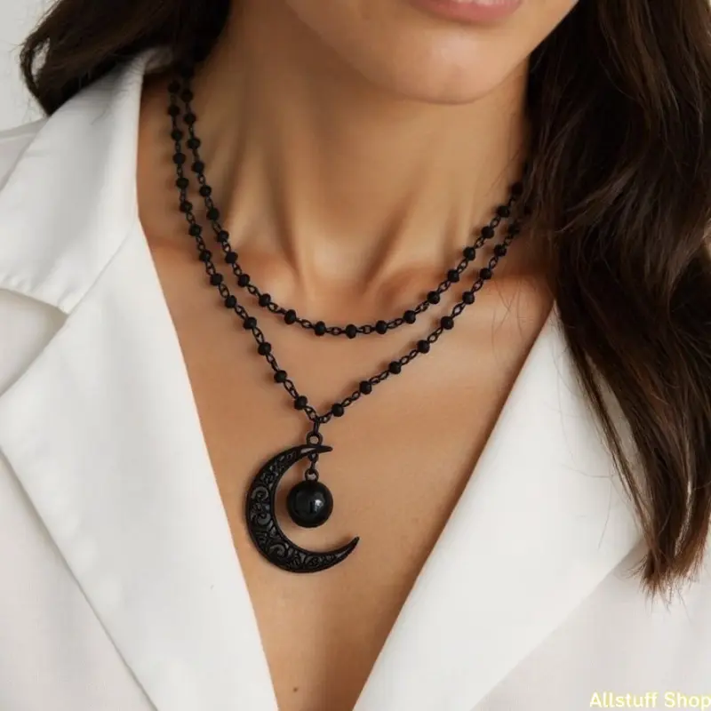 Women's Gothic 2-Piece Zinc Alloy Matching Necklaces Set - Hollow Moon Pendant, Dark Crystal Beads, Stackable Layered Mixed Necklaces, All-Season Sports & Outdoor Daily Wear Accessory for Halloween, Stackable Necklace