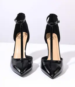 Black Patent Leatherette T-Strap Stiletto Heels