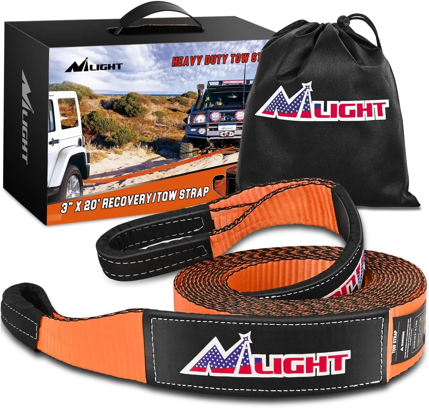 Nilight 3"x20' Heavy Duty Vehicle Recovery Tow Strap, 31500lbs Lab-Tested Break Strength, Triple Reinforced Loop with Stitching, Included Drawstring Bag, Off Road Truck SUV Car ATV Escape Tool, Automotive Tools and Gadgets Accessory