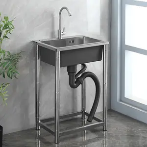 CNCEST Stainless Steel Utility Kitchen Sink Freestading with 360° Rotatable Faucet Portable Sink Large Basin Quick Draining Anti-Condensation Floor Mounted Utility Sink Household