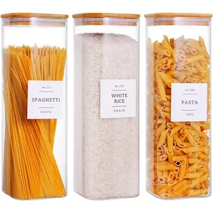 3 Pack Square Kitchen Storage Jars with Airtight   and 132 Pantry Labels - 80oz Glass Canisters with   -  Storage Containers for Spaghetti, Pasta, Fettuccine