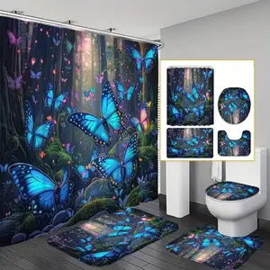 1/4pcs Butterfly Pattern Bathroom Decorations, 4 Countsset Including Shower Curtain & Toilet U-shape Mat & Bathroom Mat & Toilet Lid Cover, Bathroom Accessories Restroom