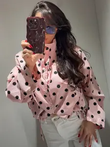 Women's Pink Polka Dot Loose Bomber Jacket Demi-Season 2026 Cute Plus Size Button-Up Lace-Up High Neck Long Sleeve Tops For Women Fashion Coffee Runs Weekend Hangouts Streetwear Outerwears