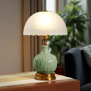 Ceramic Table lamp, Modern Bedside Lamps Green Mid Century Vintage Desk Lamp Retro Glass Mushroom Traditional Lamp for Nightstand Living Room Bedroom Home Decor