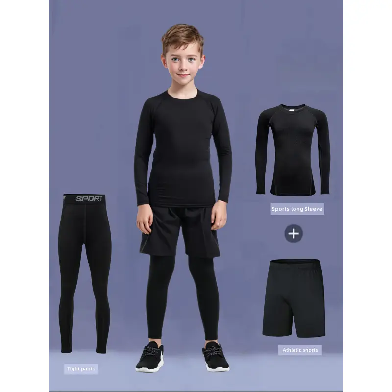 3pcs Boys Quick-Dry Athletic Set Compression Long Sleeve Top Tight-Fit Pants Shorts for Sports Training High-Elastic Running Cycling Spring Summer Fall Outfit Machine Washable Compression Suit Perfect for Outdoor Activities