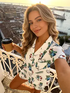 Women's Short Sleeve Pyjama Set, Bottom Chicken Jockey Full Print, Casual Slim Fit Home Wear, Comfortable Breathable Sleepwear