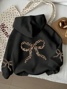 Women's Retro Leopard Print Hoodie with Bow Accent, Casual Black Long-Sleeve Drawstring Pullover Sweatshirt Featuring Kangaroo Pocket, Stylish Fall & Winter Garment, Graphic Hoodie and Sweatshirt