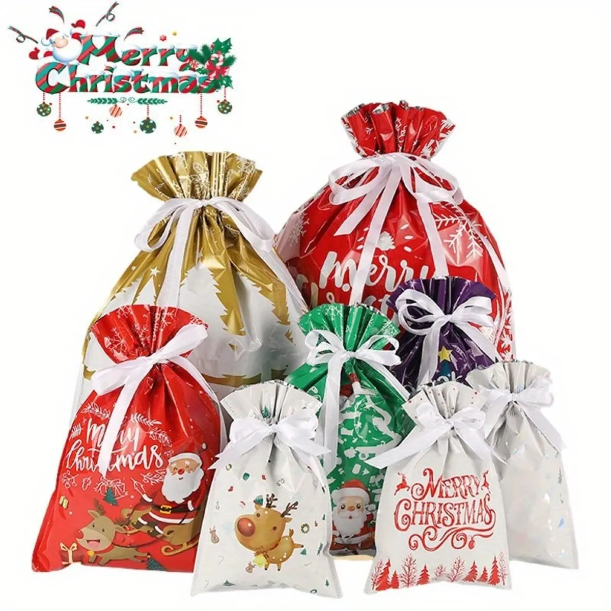 25PCS Christmas Drawstring Gift Bags with Tags – Assorted Sizes Holiday Wrapping Bags for Xmas, Parties, Birthdays & Weddings Holiday Gift Bags Christmas Halloween Decorations