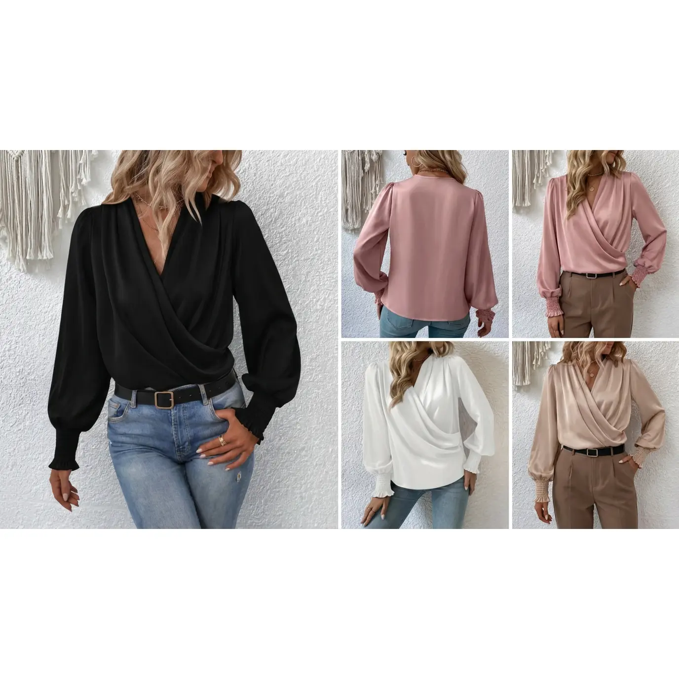 Surplice Smocked Lantern Sleeve Blouse
