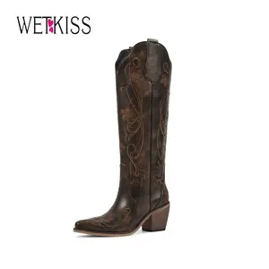 Wetkiss Women Western Knee High Cowgirl Cowboy Boots with Floral Embroidered Pointed Toe Chunky Heel Pull On Retro Vintage Classic Tall Boots for Ladies