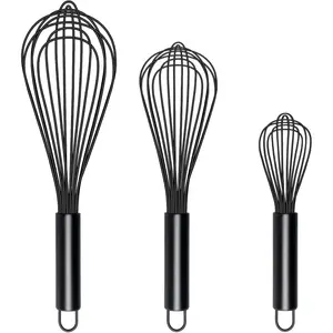 Set of 3 Silicone Whisks-Non-Scratch, Non-Stick, Silicone-Coated Stainless Steel Wire, Heat Resistant up to 480°F - Kitchen Cooking Blending Whisking Tool, Black