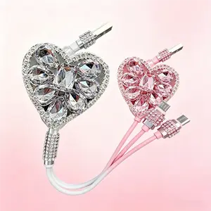 Heart Shaped Bling Rhinestone Retractable Multi Head Charging Cable High Speed Fast Charging Three In One USB Wire Portable Car Charger Cord Household Daily Use Trendy Women Phone Gadget Black Pink Available