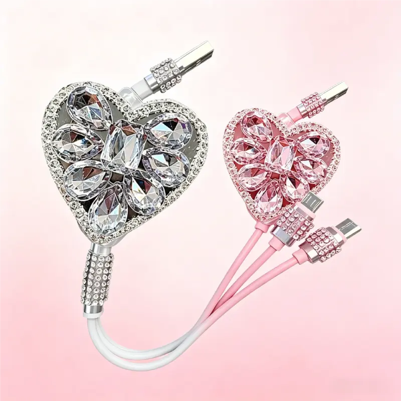 Heart Shaped Bling Rhinestone Retractable Multi Head Charging Cable High Speed Fast Charging Three In One USB Wire Portable Car Charger Cord Household Daily Use Trendy Women Phone Gadget Black Pink Available