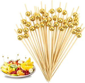 200 Pcs Cocktail Picks Fancy Toothpicks for Appetizers 4.7inch Skewers Gold Pearl Long Toothpicks Charcuterie Accessories for Party Food Decor Set Utensils Wooden