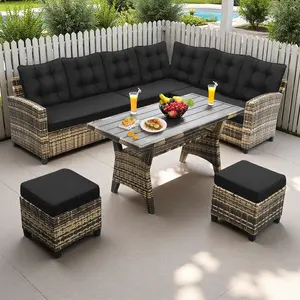 6 Piece Outdoor Patio Furniture Set, Sectional Sofa with Dining Table & Chairs, All Weather Wicker Set with Ottoman, Cozy Small Patio Decor, Modern Garden & Backyard Lounge, Stylish Outdoor Living