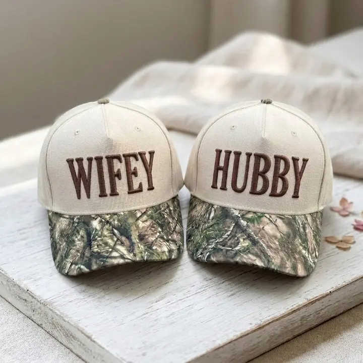 Wifey and Hubby Baseball Hats, Embroidered Camo Cap Set, Matching Couple Hat, Wifey Honeymoon Gift