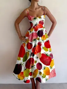 Women's Long Fruit Print Flowy Swing Dress, Thin Strap Beach Summer Dress, Backless Halter Dress, Casual Summer, Fitted, Casual Wear, Womenswear