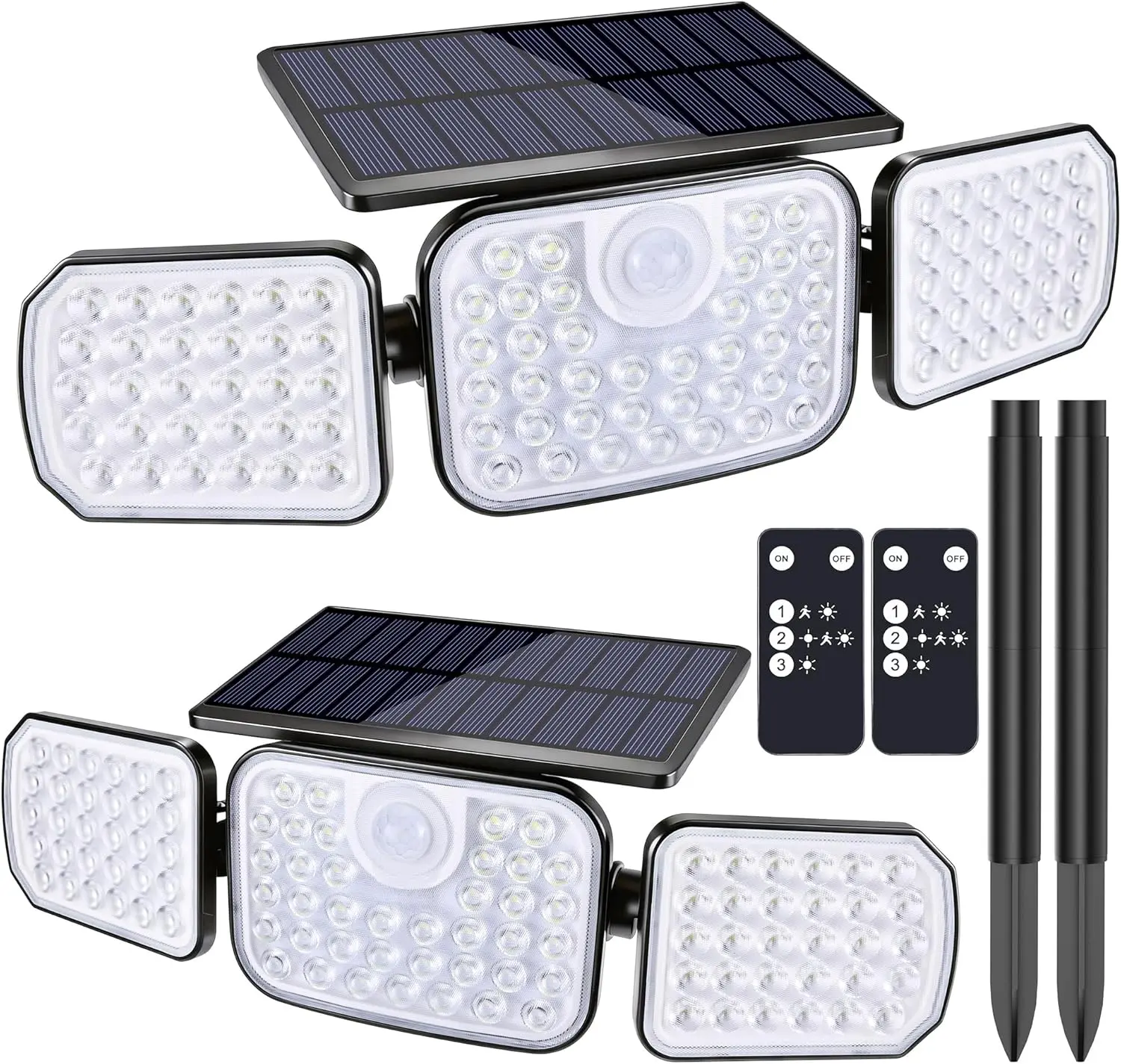 BrizLed Solar Outdoor Lights, 3 Modes Motion Sensor LED Security Lights with Remote, 3 Head 360° Wide Angle Flood Wall Light, Dual Mount IP65 Waterproof Outdoor Lighting for Garage Patio Yard, 2 Pack