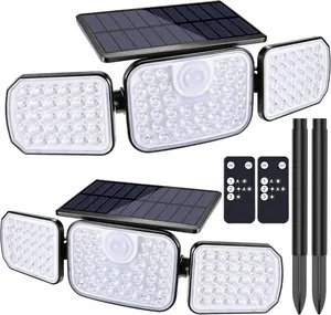 BrizLed Solar Outdoor Lights, 3 Modes Motion Sensor LED Security Lights with Remote, 3 Head 360° Wide Angle Flood Wall Light, Dual Mount IP65 Waterproof Outdoor Lighting for Garage Patio Yard, 2 Pack