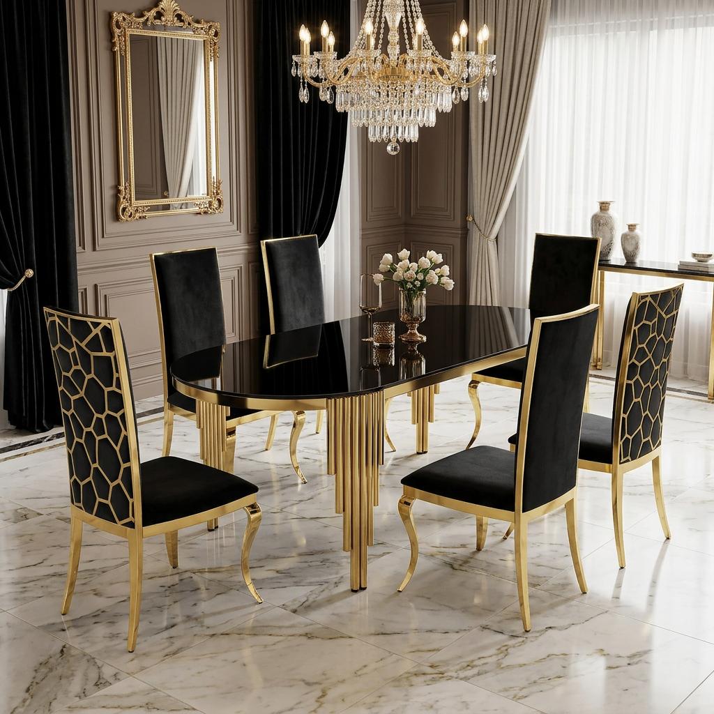 7 Pieces Modern Luxury Oval Dining Table and Chairs set, Elegant Household Kitchen Table with 6 Plush Black Velvet Padded Seats, Sleek Tempered Glass Tabletop & Shiny Gold Stainless Steel Support Legs, Stylish Kitchen Home Furnishing
