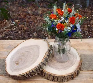 Thick Natural Wood Slice Brown Bark Cake Stand, Wedding Centerpiece Wood Slabs