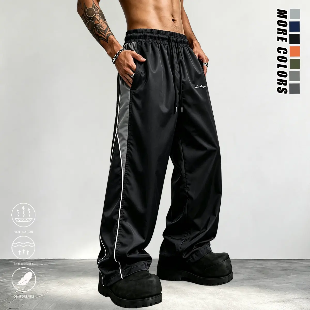 Men’s Wide-Leg Activewear Sportswear Athletic Trousers - Contrasting Color Reflective Strips, Smooth Fabric, Side Stripes, American High-Street Style, Pockets, Trending Design for Daily Commuting