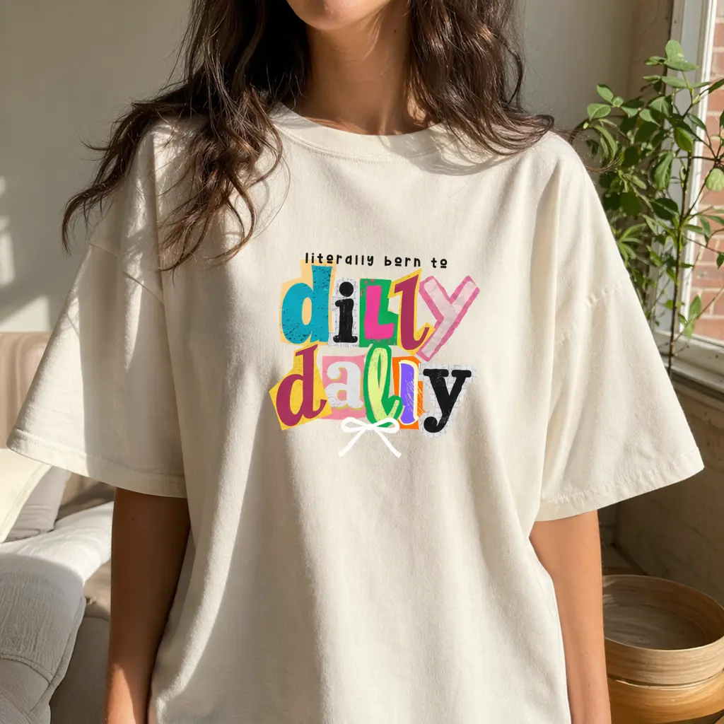 Women's Funny Retro Graphic T-Shirt, Plus Size "Born To Dilly Dally" Quote Tee, Breathable Classic Crew Neck for All Seasons, Breathable Fabric, Graphic Print, Retro Text, Soft Cotton, Back To School Haul, Cold Wash, Everyday, Printed, Round Neck