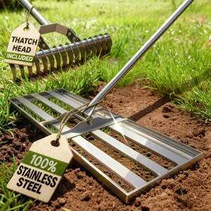 (R) Lawn Leveling Rake 30 inch - Ground Leveler for Yard, Sand, Soil, Grass - Dirt Leveling Tool, Heavy Duty Stainless Steel rakes for Golf, Grading, Gravel (30" Leveling + Thatch Rake)