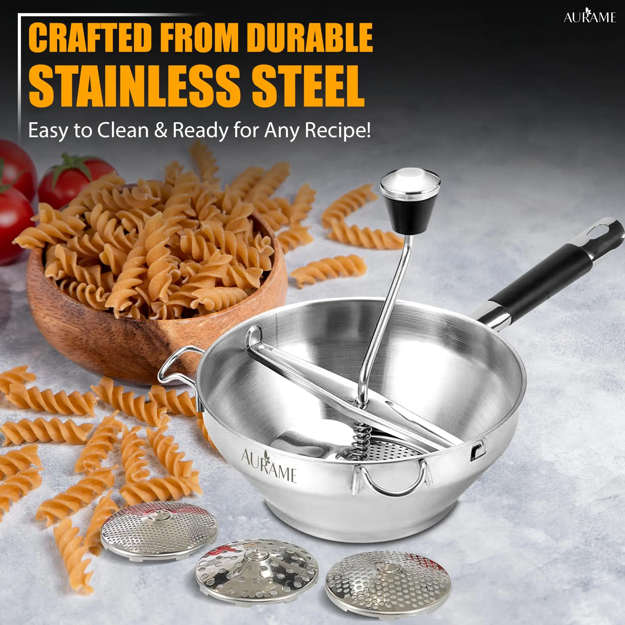 AURAME Premium Stainless Steel Food Mill with Handles - Large Bowl, 3 Interchangeable Discs, Extra-Wide Hopper - Smooth Strain Puree, Grind - Durable, Easy-to-Clean Kitchen Utensil for Home Chefs, New Parents - Ideal Gift for Cooking Enthusiasts