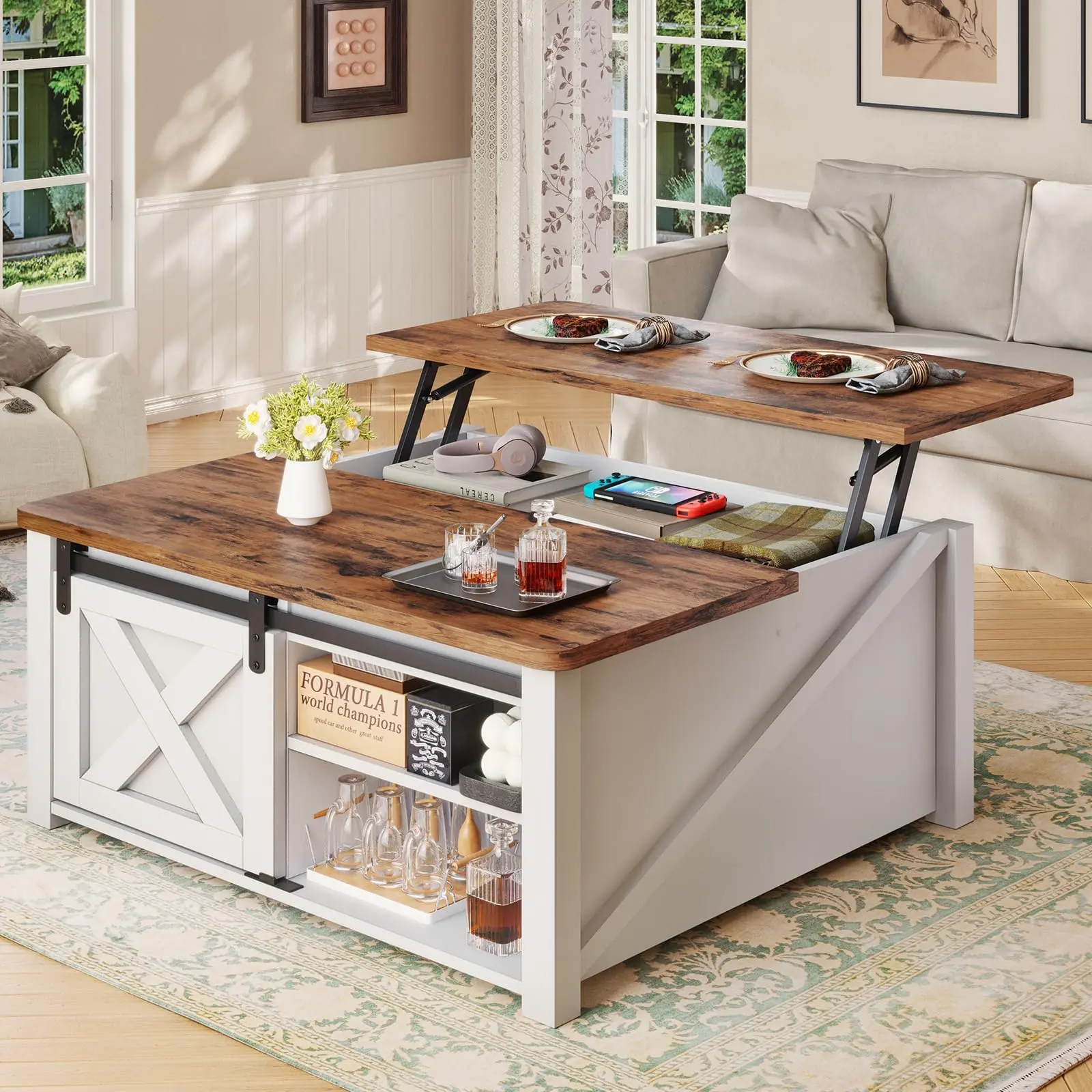 31.5 Inch Lift Top Coffee Table with Hidden Storage for Small Living Room, Square Farmhouse Center Table with Adjustable Shelves for Laptop Dining and Blanket Organization, Sturdy Wood Table for Apartment