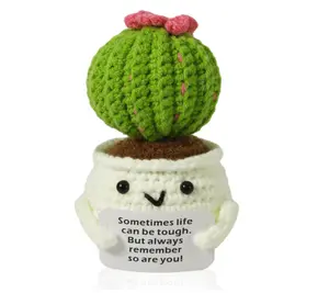 Crochet Positive Cactus, Handmade Knitted Cactus Toy Cute Funny Potato Emotional Positive Life Doll Ornaments Gifts with Encouraging Card for Adults Kids Friends Room Office Desktop Decor