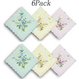 6 Pack Women's 100% Cotton Handkerchiefs,Assorted Floral Print with Wavy Edge, Soft and Breathable, Perfect Christmas Gift for Her, Elegant Daily Use or Holiday Stocking Stuffers