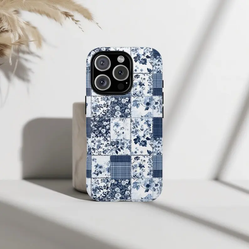 Quilted Floral Smartphone Casing - Blue Denim Cottagecore Patchwork, Vintage Aesthetic Cellphone Case for iPhone 17,16,15,14,13,12,11 Pro Max,X,XR,XS Max,8,7 Plus & Samsung Galaxy S25, Device Protection Accessory, Devices