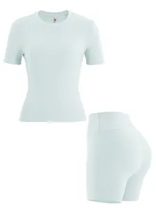 Two-piece Set Women's Solid Tracksuit Set, Sporty Short Sleeve Round Neck Tee & High Waist Biker Shorts Set for Fall, Jogging Suit Set, Ladies Sportswear for Yoga Gym Workout, Minimalistic Outfit Black Girl Outfits, Activewear, Fitness Outfit