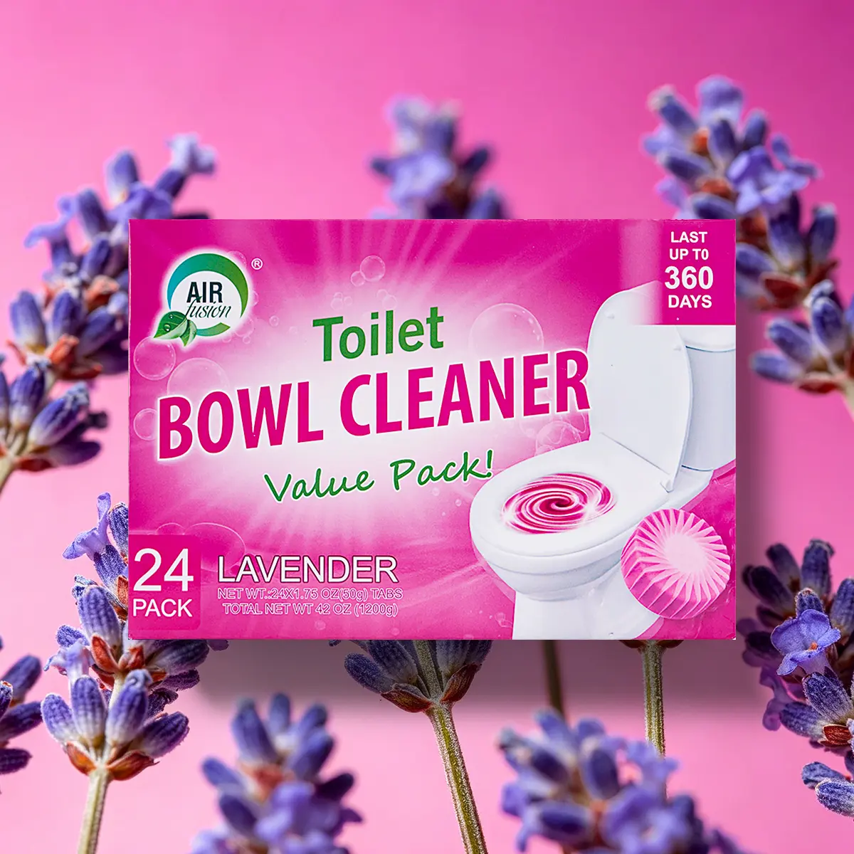 AIR FUSION Scented Lavender Antiseptic Drop-In Automatic Flush Toilet Bowl Cleaner Tablets, 24-Count Space-Saving Household Value Pack (1.75 oz Each, 16 oz Total Net Wt) with Odor Control, Bacteria Killing & Auto Cleaning for 360 Days of Use, Fragrance