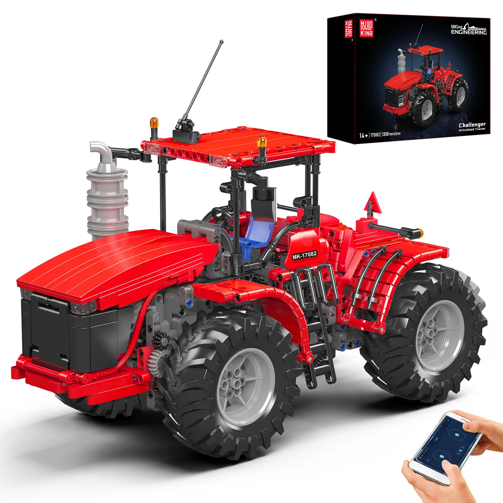 Mould King 17082 Remote-Controlled Red Tractor Building Block Toy, 1300 Bricks & Parts, Construction Set with Detailed Assembly, Gift for 12 Years Above