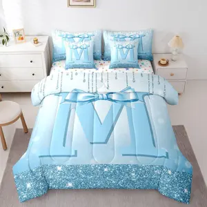 Feelyou 7-Piece Kids Blue Bowknot Bedding Set - Comforter Queen Size for Teens Girls, Princess Initial Comforter with Sheets, Monogrammed Glitter Bow Bag, Personalized Design, Bed Comforter Set