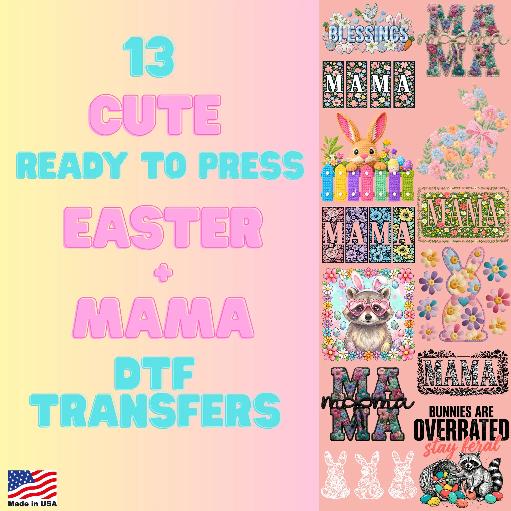 Easter Mama DTF Gang Sheet 22.5x60 Ready to Press 13 Cute Transfers Trendy Spring Designs for T-Shirts Hoodies & More