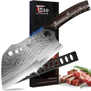 #Summervibes SYOKAMI 7.7 Inch Meat Cleaver Chef Knife with Sheath, Multifunction Butcher Knife with Herb Stripper, Chopping Knife Heavy Duty Bone Cutting, Damascus Pattern Full Tang Wood Handle, Christmas Mother's Day Gifts