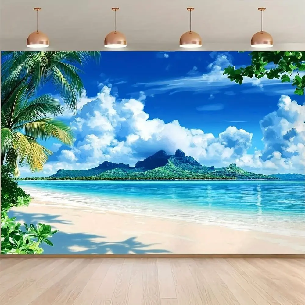 1PC Polyester 2D Flat Tropical Beach Coconut Tree Backdrop Banner - Blue Sea, Blue Sky, Clouds, Distant Mountains, Green Plants, Sunny Landscape, Reusable Photography Decoration, Birthday Live Streaming Background, Photo Booth, Large Format
