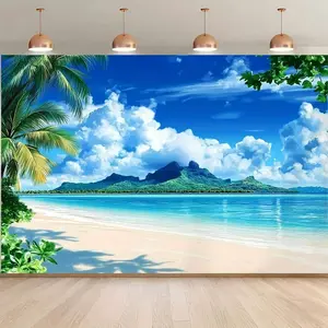 Summervibes 1PC 2D Flat Tropical Beach Coconut Tree Polyester Backdrop Banner - Blue Sea, Blue Sky, Cloud, Distant Mountains, Green Plants, Sunny Landscape, Reusable Photography Decoration, Birthday Live Streaming Background,summervibes