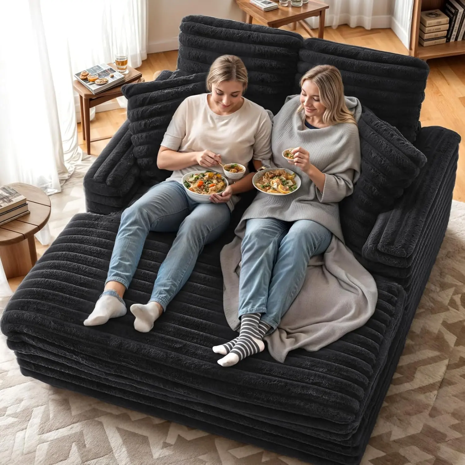 APICIZON Greenish Spring 53" Oversized Chaise Lounge Couch Bed, Boneless Sectional Sleeper Sofa with 4 Throw Pillows, Upholstered Fluffy Cozy Spacious Padded Lazy Sofa for Bedroom Living Room Sofa With Headrest U Shaped Sofas
