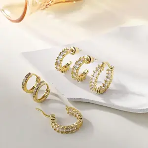 Three Pairs 14K Gold-Plated Hoop Earrings Set with Rhinestone Cubic Zirconia Elegant Daily Wear Gold Jewelry for Women Chunky Small Huggie Earrings, Valentine's Day Gift