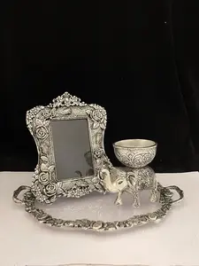 German Silver Multi-Item Party Gift Set - Elephant Bowl, Tray, Frame - Indian Wedding Favor, Home & Festive Party Supplies, Multi-Item Party Gifts