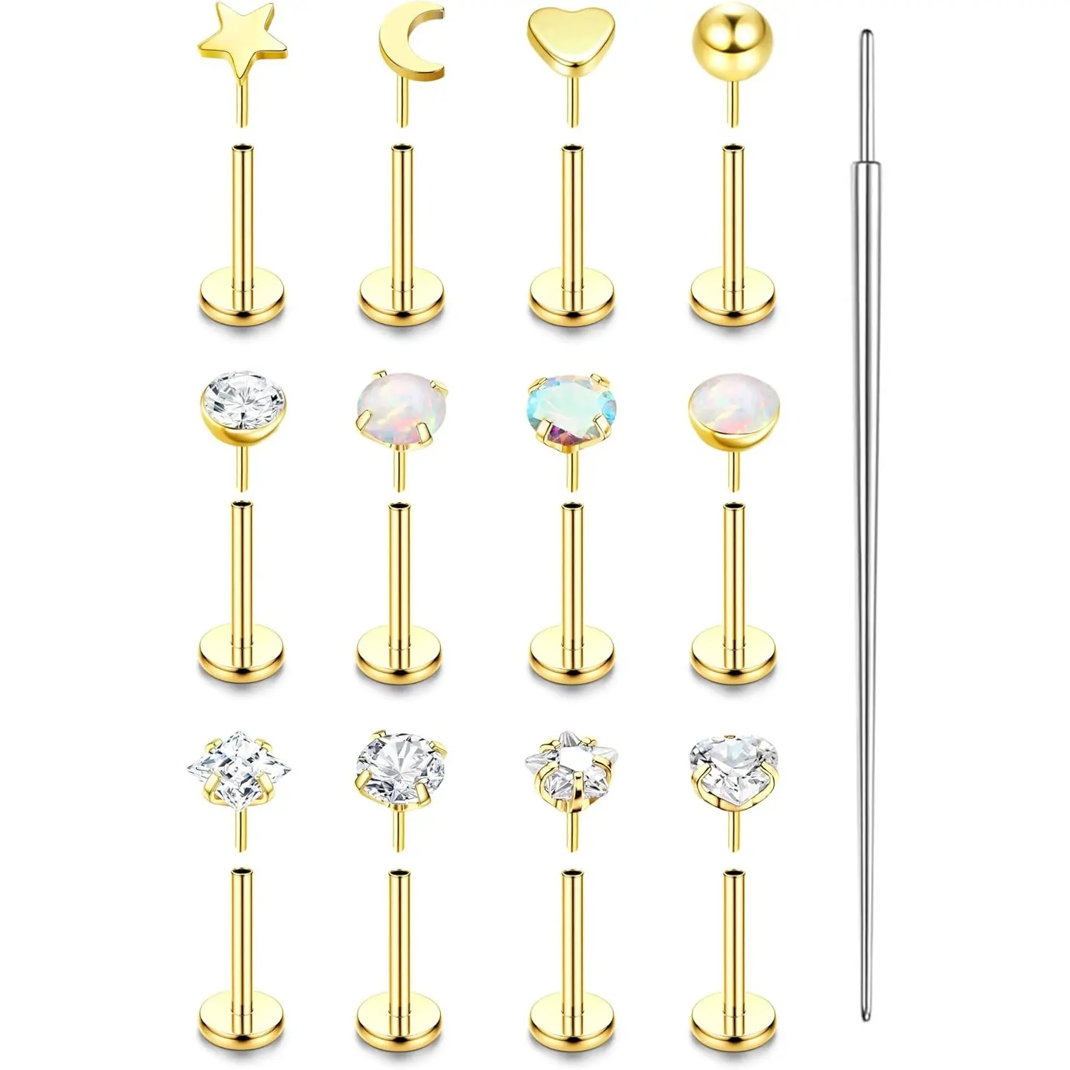 MILACOLATO 14K Plated Gold Threadless Nose Studs for Women Hypoallergenic Surgical Steel Nose Rings Push In Flat back Nose Stud Labret Studs CZ Tragus Helix Piercing Jewelry 16G 18G 20G, Stainless Steel Nose Studs, Flat Back Earrings summerwins