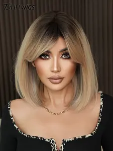16 Inch Short Straight Wigs for Women, Gorgeous Fluffy Wigs with Bangs, Synthetic Hair Wigs Full Machine Wigs for Party, Daily Use, Natural Looking Wig