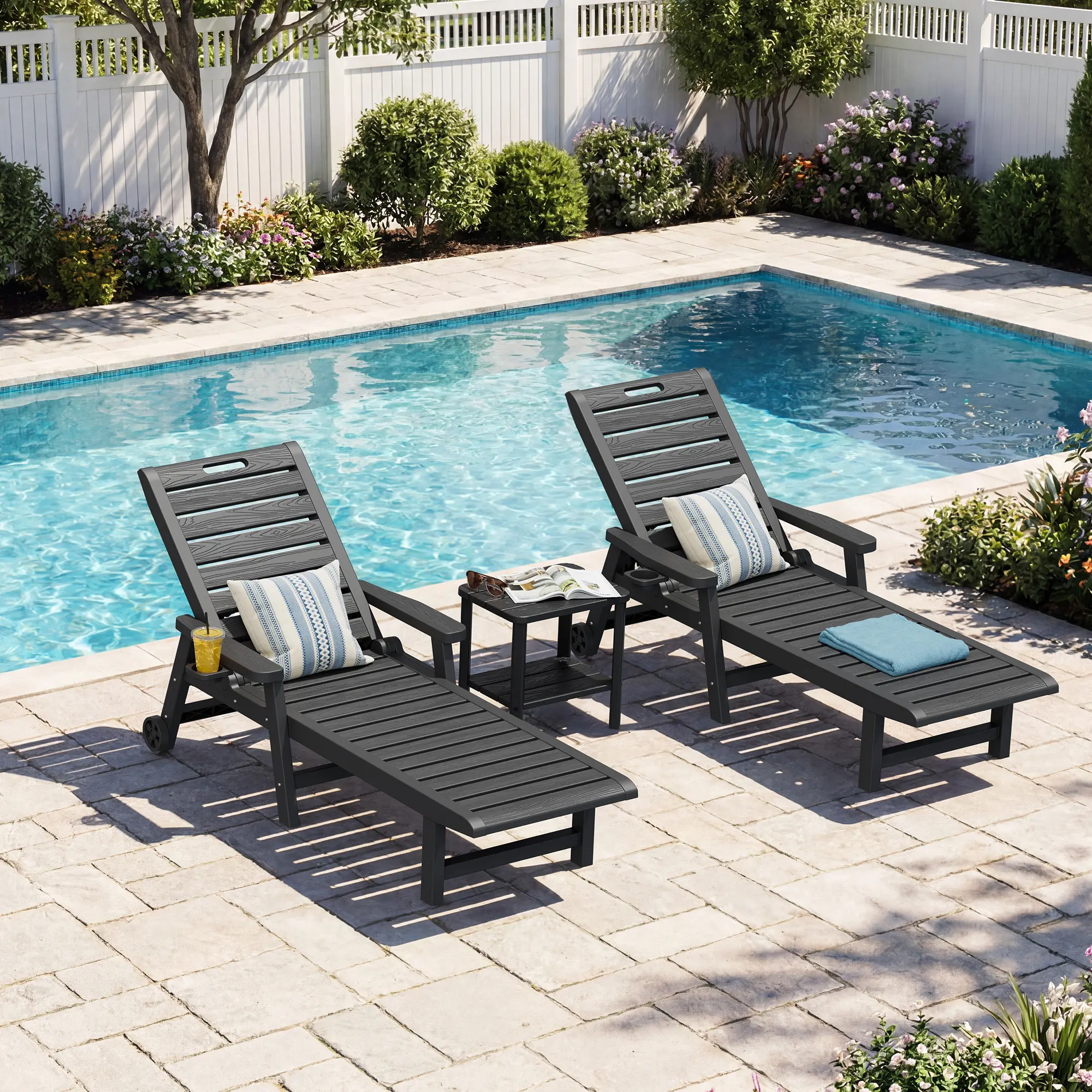 RIWENGO Outdoor Lounge Chair Set with Table, 2-Piece Chaise Lounge Chairs with Wheels & Cup Holder, 5-Position Adjustable Pool Lounger for Patio, Deck & Backyard