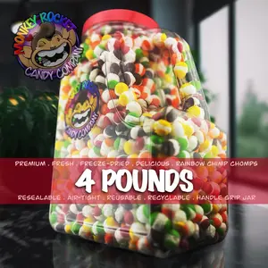 Monkey Rocket’s Freeze Dried Rainbow Chimp Chomps - 4 pounds - in a resealable reusable handled grip jar - Freeze Dried Skittles - Space Candy - Bulk Prices - Candy Snack - Crunchy - Melty -  Sweet -  Bonbon tiktok